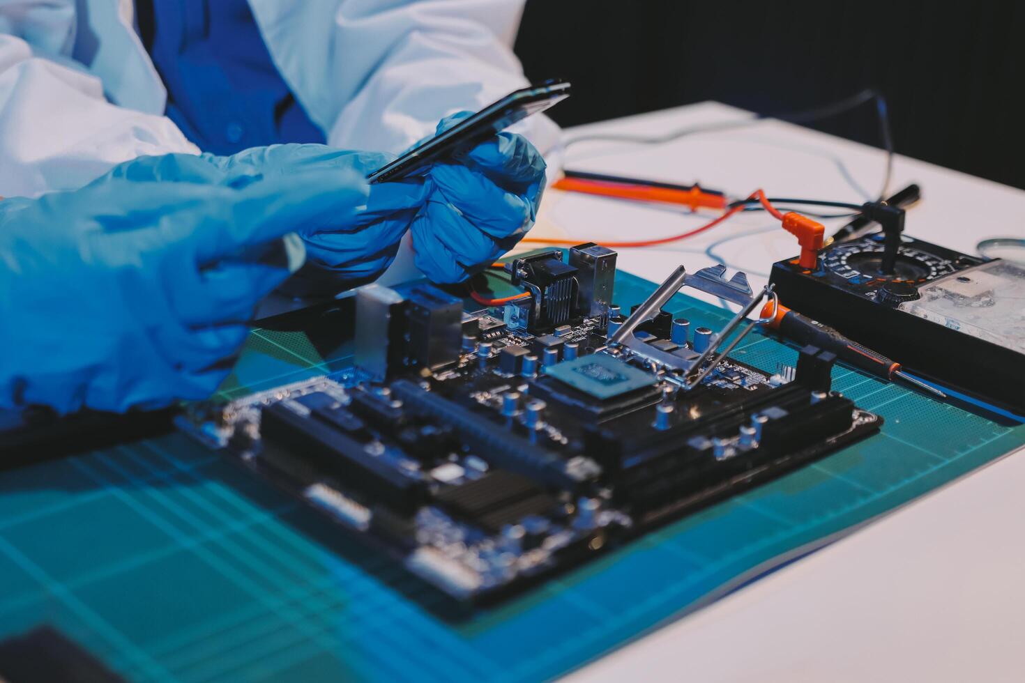 Electronics technician, electronic engineering electronic repair, electronics measuring and testing, repair and maintenance concepts. photo