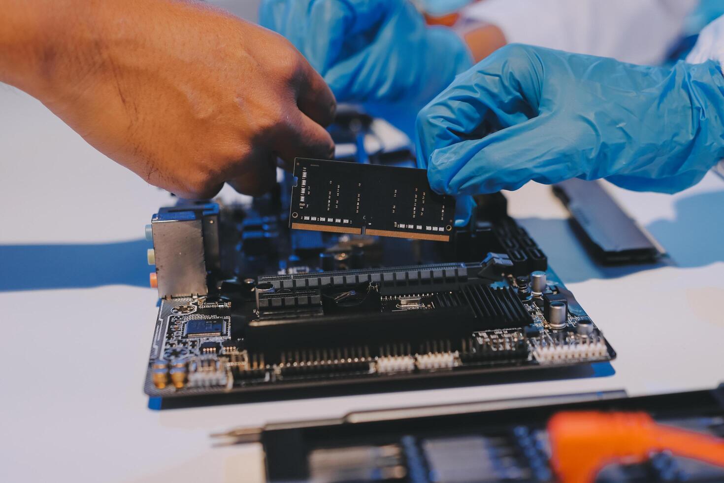 Electronics technician, electronic engineering electronic repair, electronics measuring and testing, repair and maintenance concepts. photo