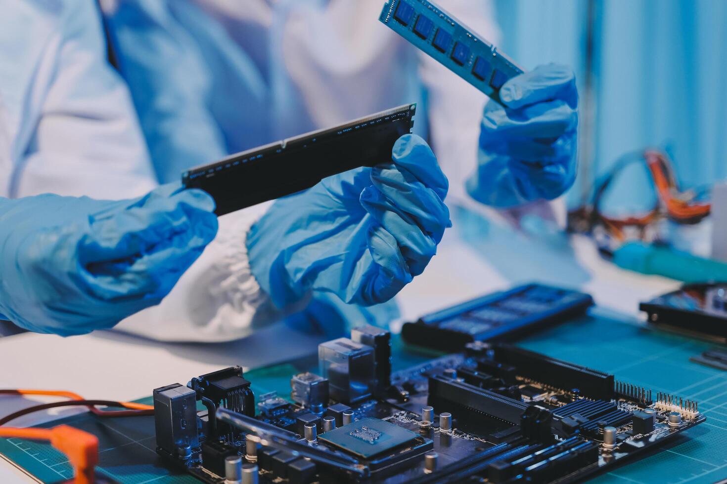 Electronics technician, electronic engineering electronic repair, electronics measuring and testing, repair and maintenance concepts. photo