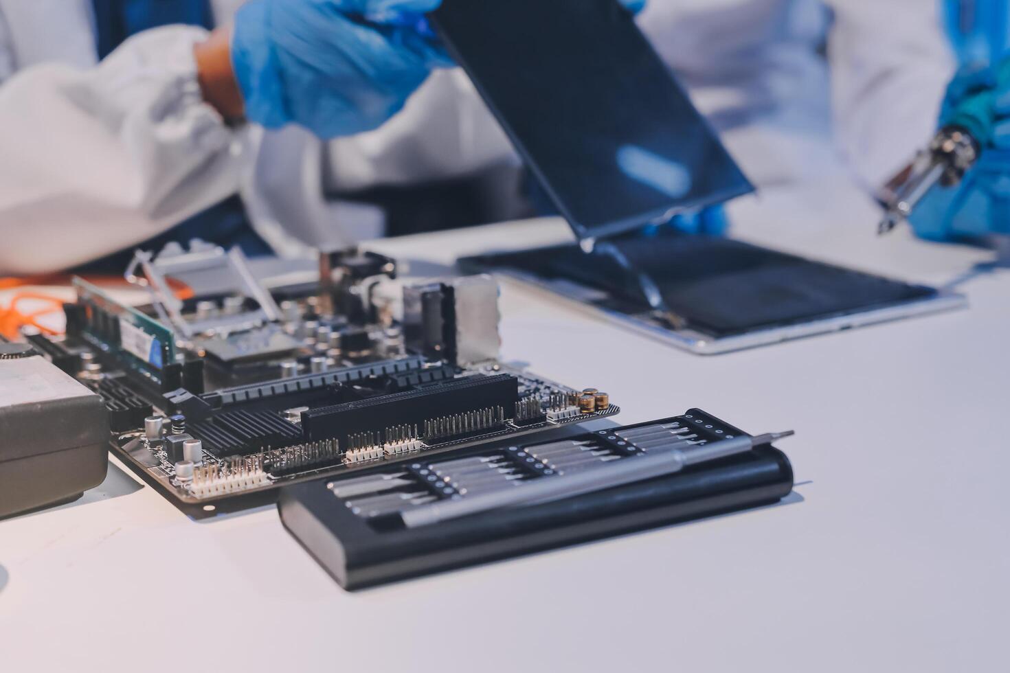 Electronics technician, electronic engineering electronic repair, electronics measuring and testing, repair and maintenance concepts. photo