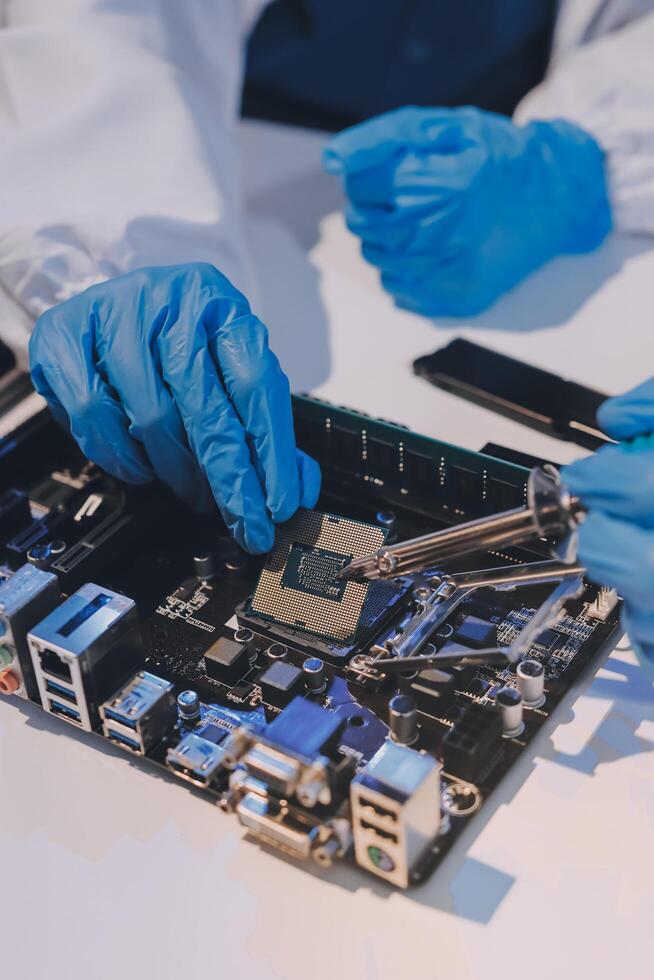 Electronics technician, electronic engineering electronic repair, electronics measuring and testing, repair and maintenance concepts. photo