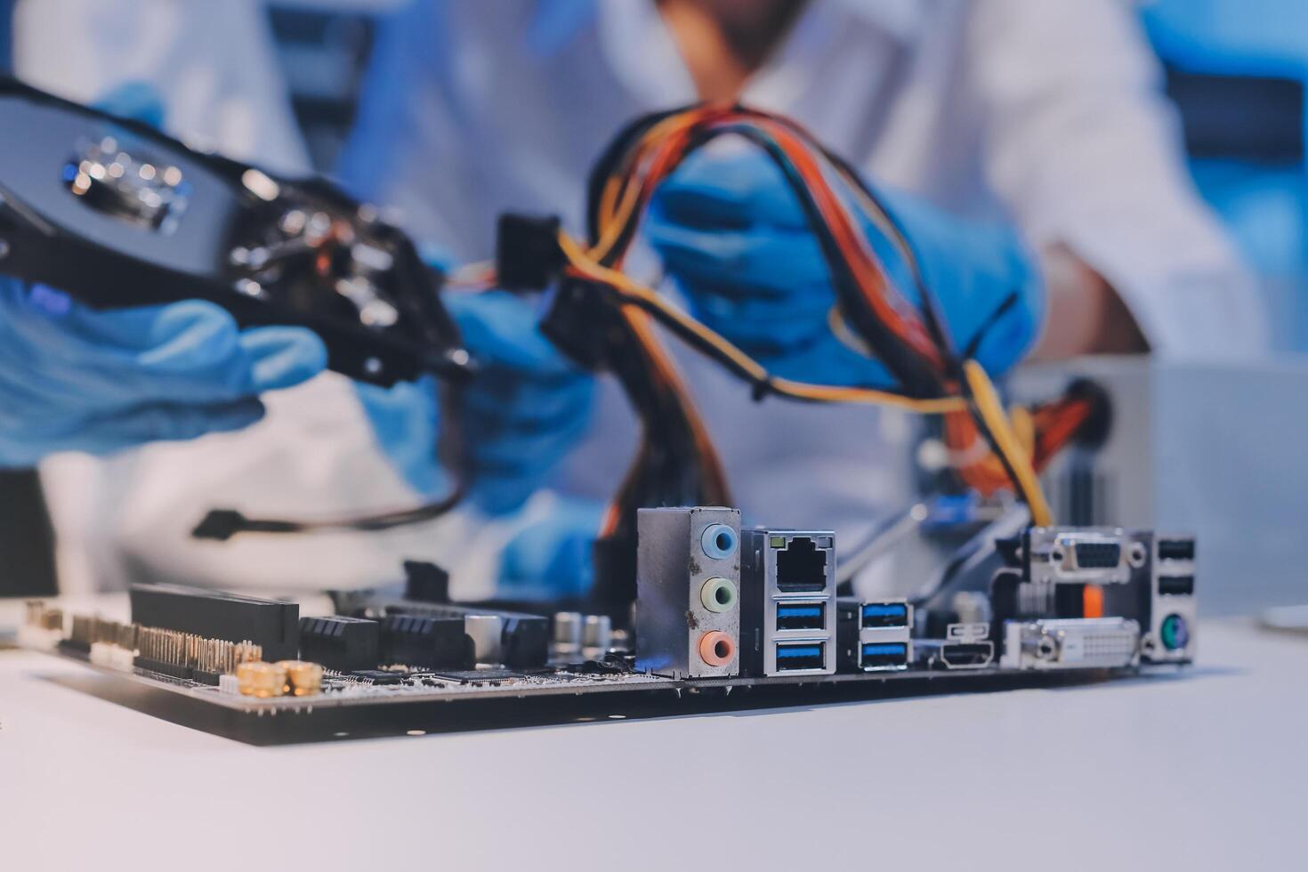 Electronics technician, electronic engineering electronic repair, electronics measuring and testing, repair and maintenance concepts. photo