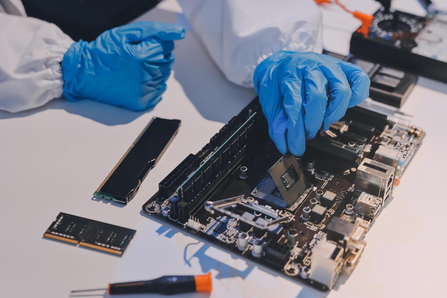 Electronics technician, electronic engineering electronic repair, electronics measuring and testing, repair and maintenance concepts. photo