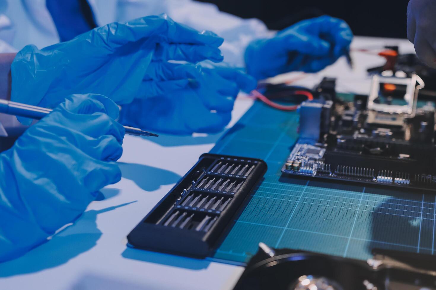 Electronics technician, electronic engineering electronic repair, electronics measuring and testing, repair and maintenance concepts. photo
