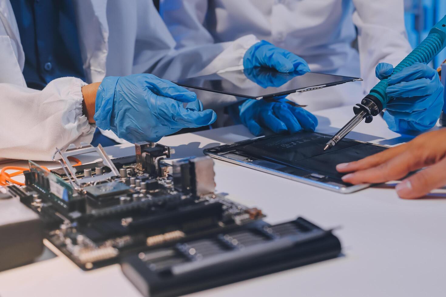 Electronics technician, electronic engineering electronic repair, electronics measuring and testing, repair and maintenance concepts. photo