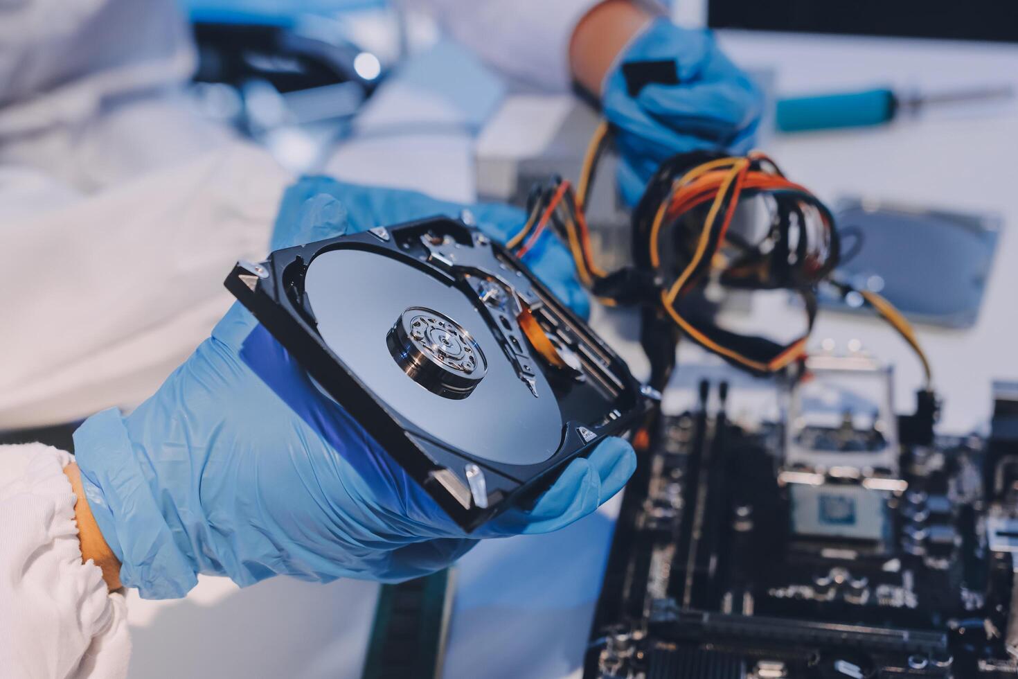 Electronics technician, electronic engineering electronic repair, electronics measuring and testing, repair and maintenance concepts. photo