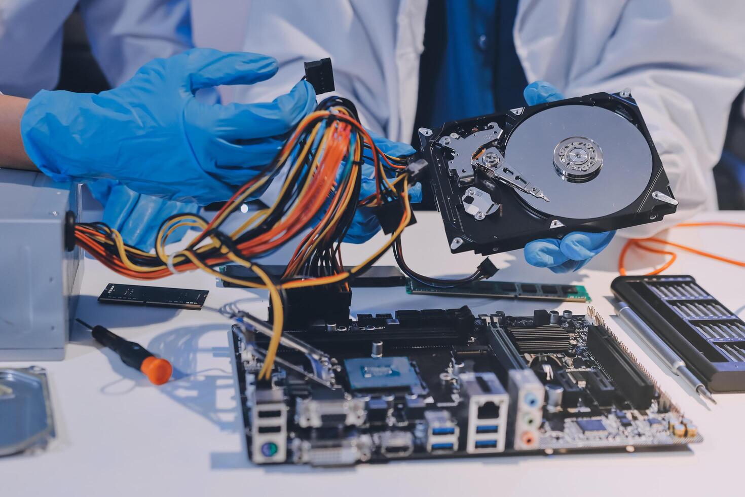 Electronics technician, electronic engineering electronic repair, electronics measuring and testing, repair and maintenance concepts. photo