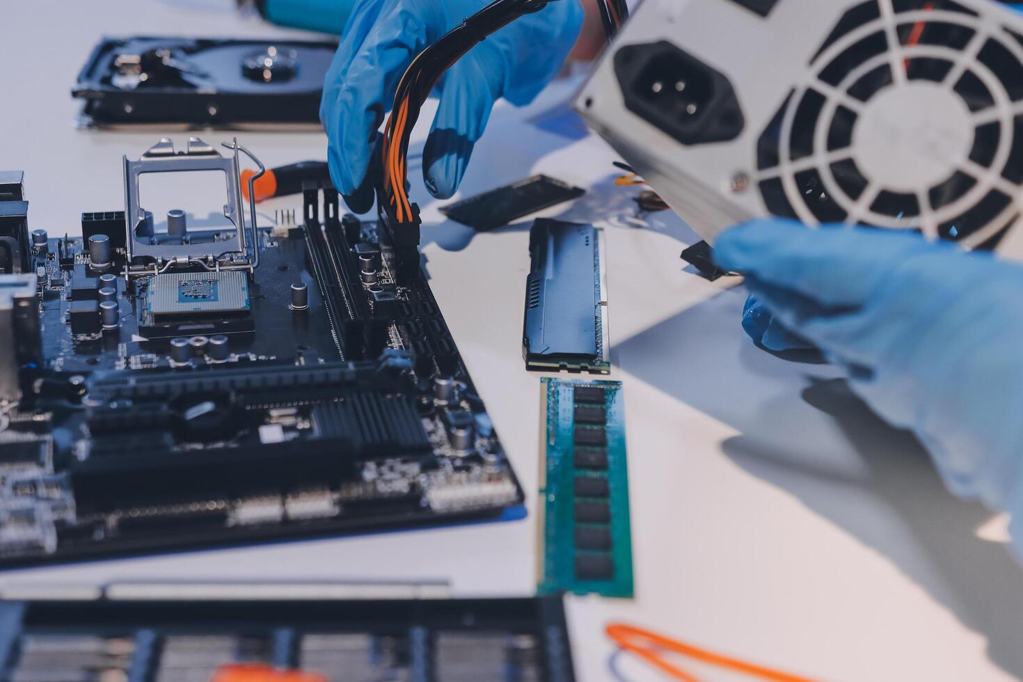 Electronics technician, electronic engineering electronic repair, electronics measuring and testing, repair and maintenance concepts. photo