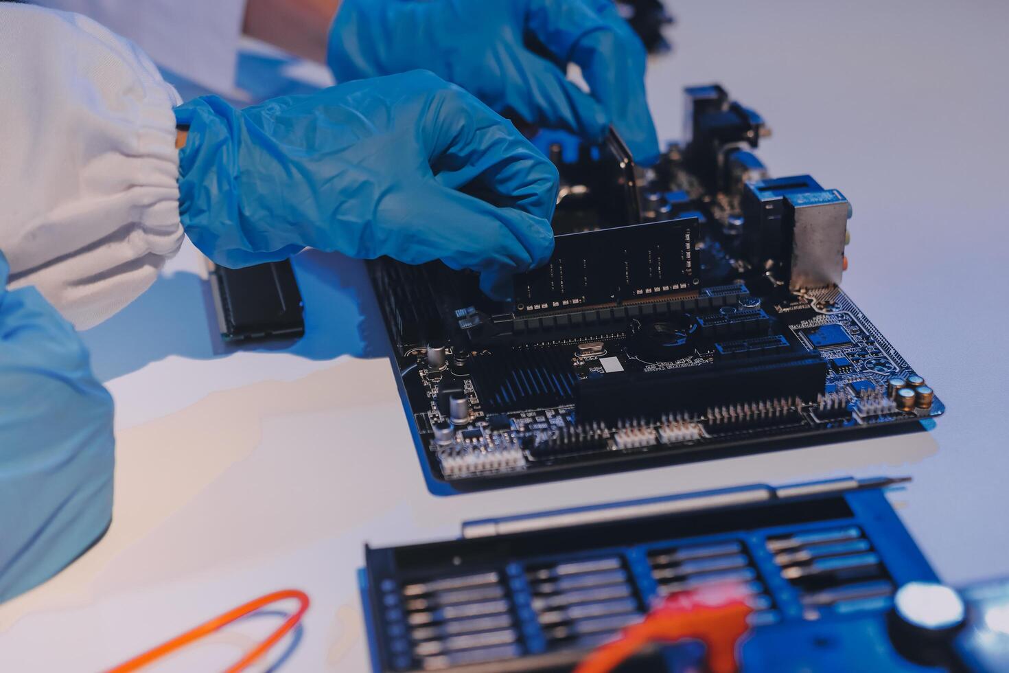 Electronics technician, electronic engineering electronic repair, electronics measuring and testing, repair and maintenance concepts. photo