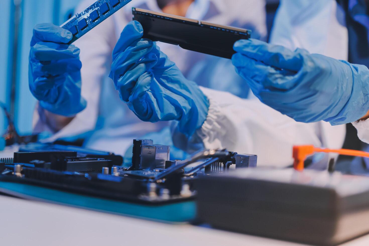 Electronics technician, electronic engineering electronic repair, electronics measuring and testing, repair and maintenance concepts. photo