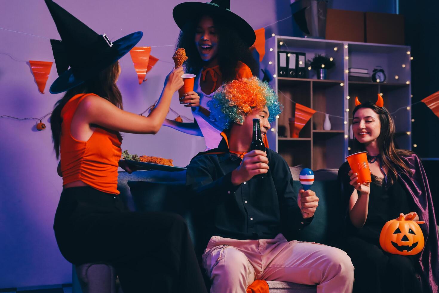 Joyful office Halloween party with coworkers in costumes, celebrating with drinks and laughter, fostering teamwork and festive spirit photo