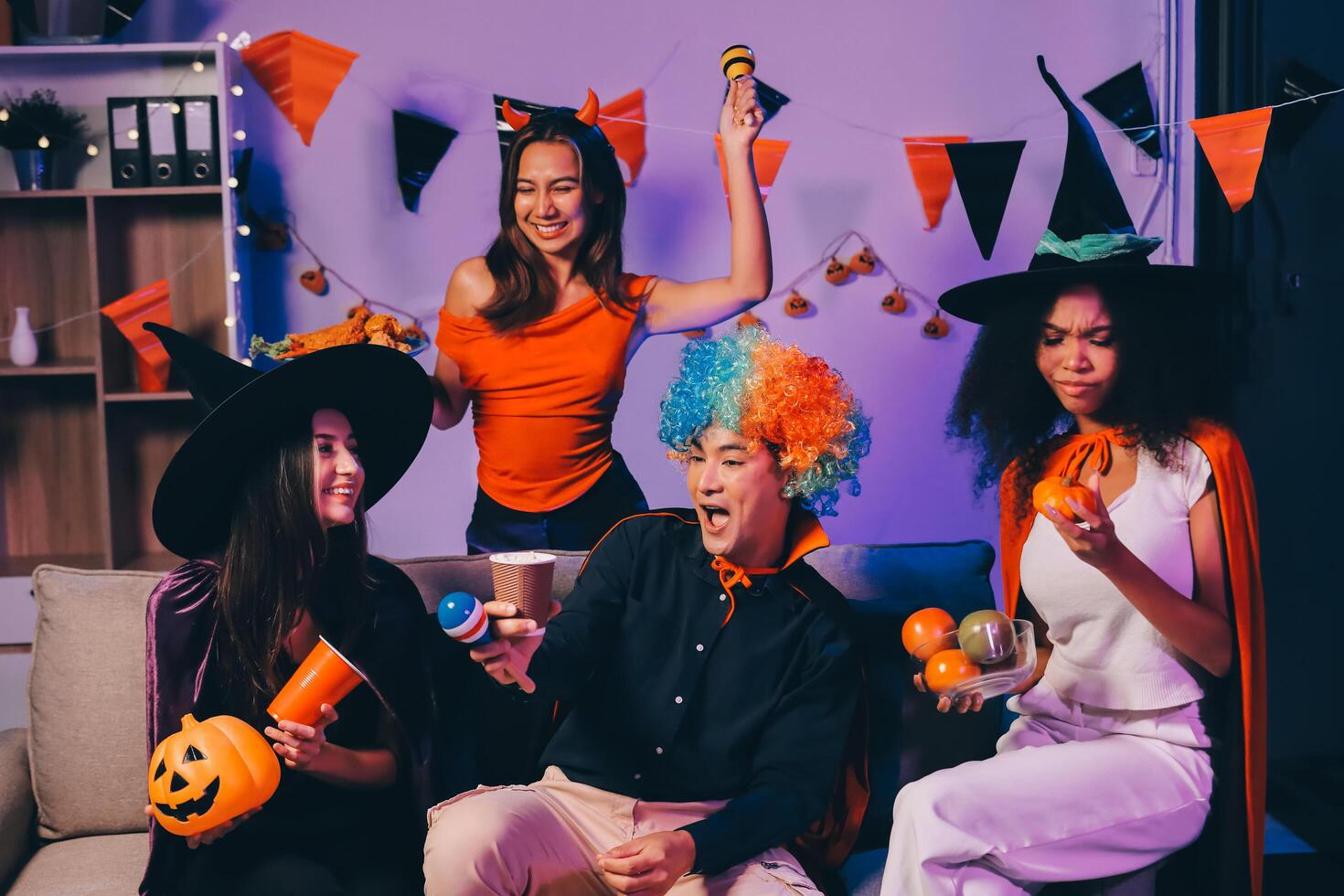 Joyful office Halloween party with coworkers in costumes, celebrating with drinks and laughter, fostering teamwork and festive spirit photo