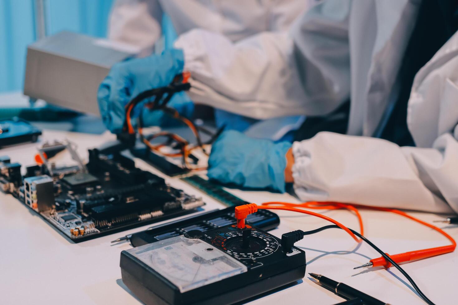 Electronics technician, electronic engineering electronic repair, electronics measuring and testing, repair and maintenance concepts. photo
