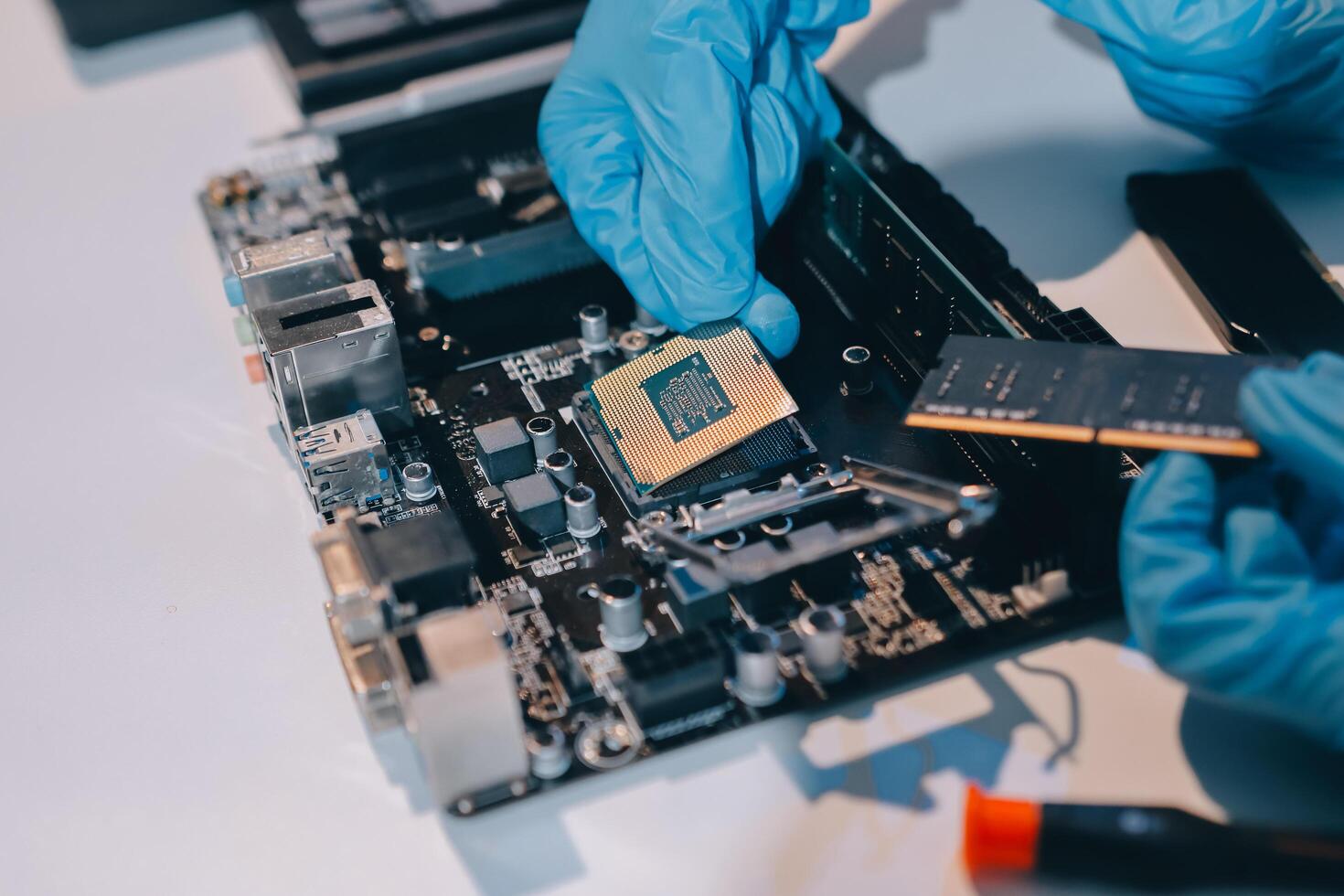 Electronics technician, electronic engineering electronic repair, electronics measuring and testing, repair and maintenance concepts. photo