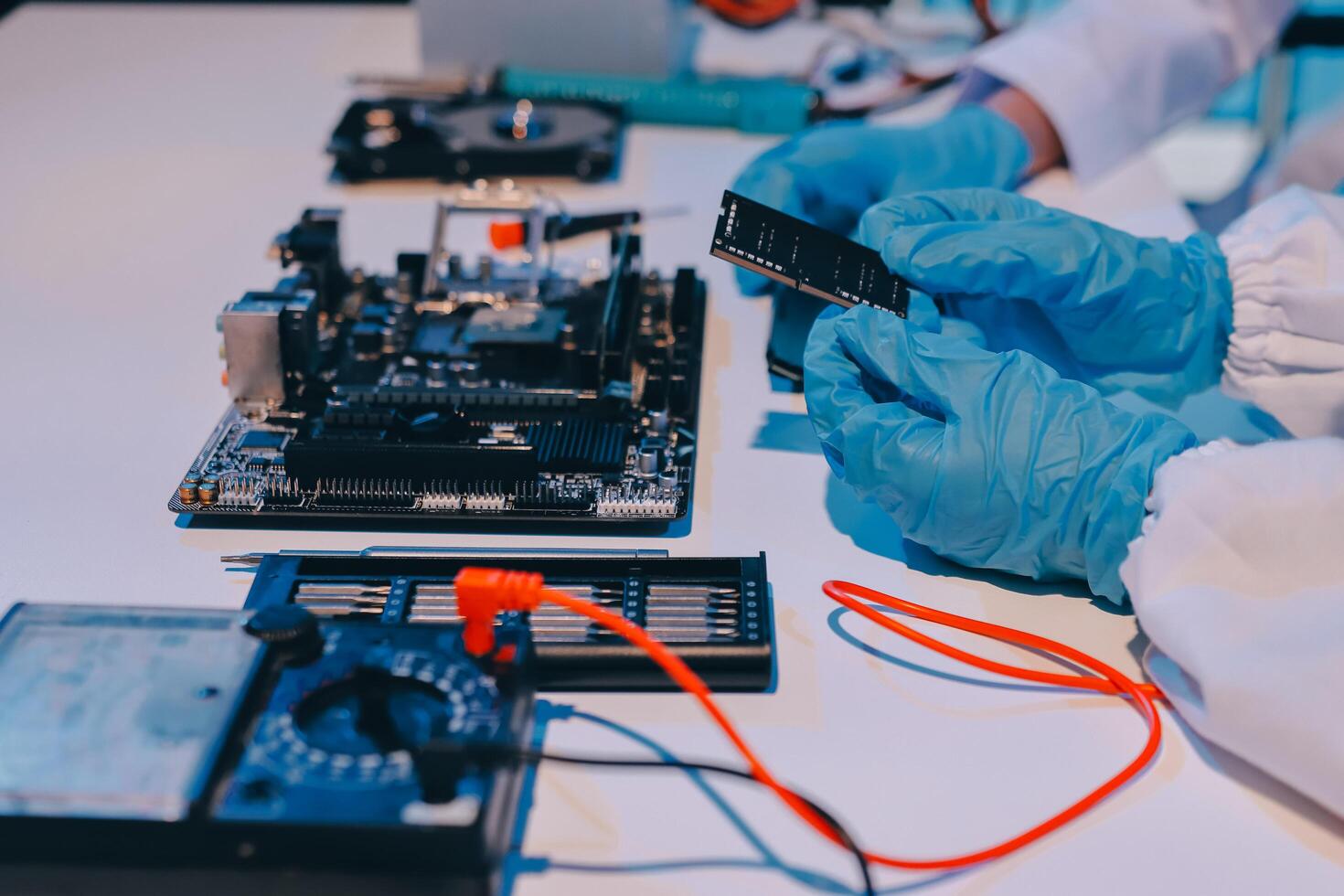 Electronics technician, electronic engineering electronic repair, electronics measuring and testing, repair and maintenance concepts. photo