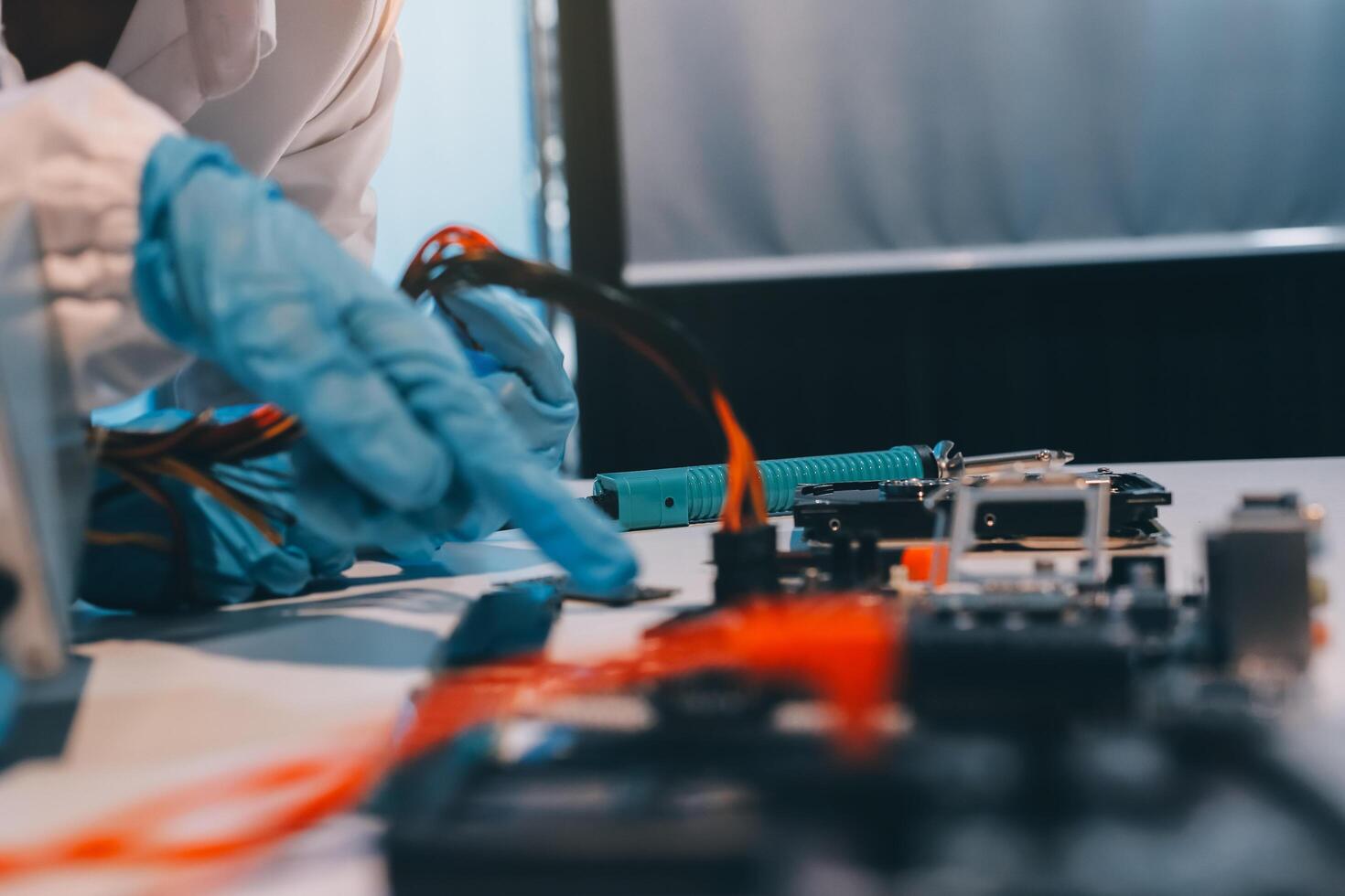 Electronics technician, electronic engineering electronic repair, electronics measuring and testing, repair and maintenance concepts. photo