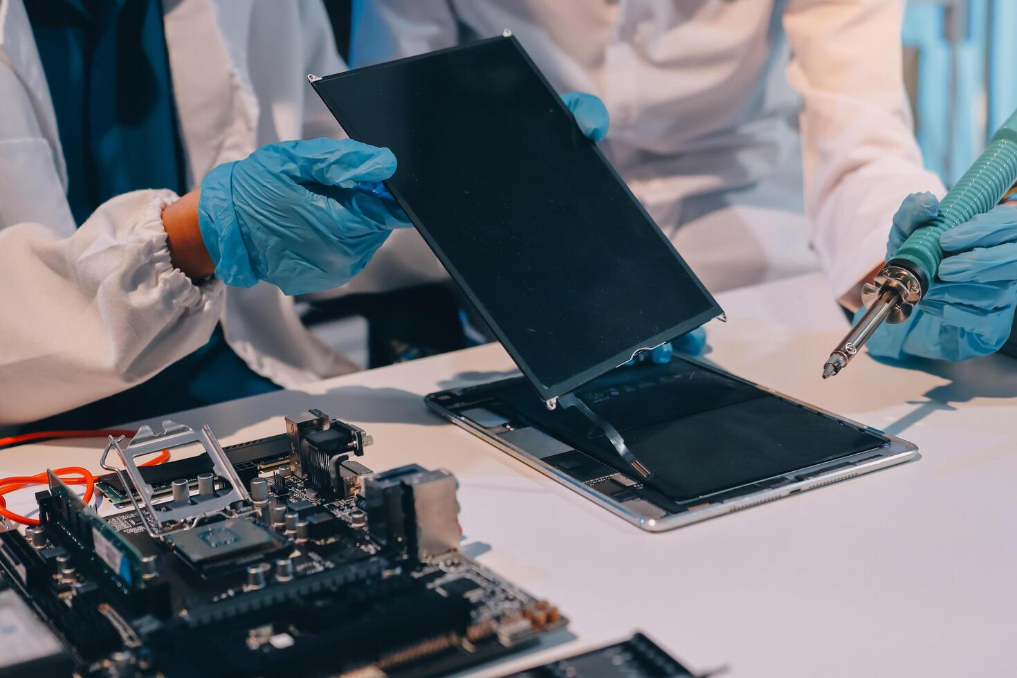 Electronics technician, electronic engineering electronic repair, electronics measuring and testing, repair and maintenance concepts. photo