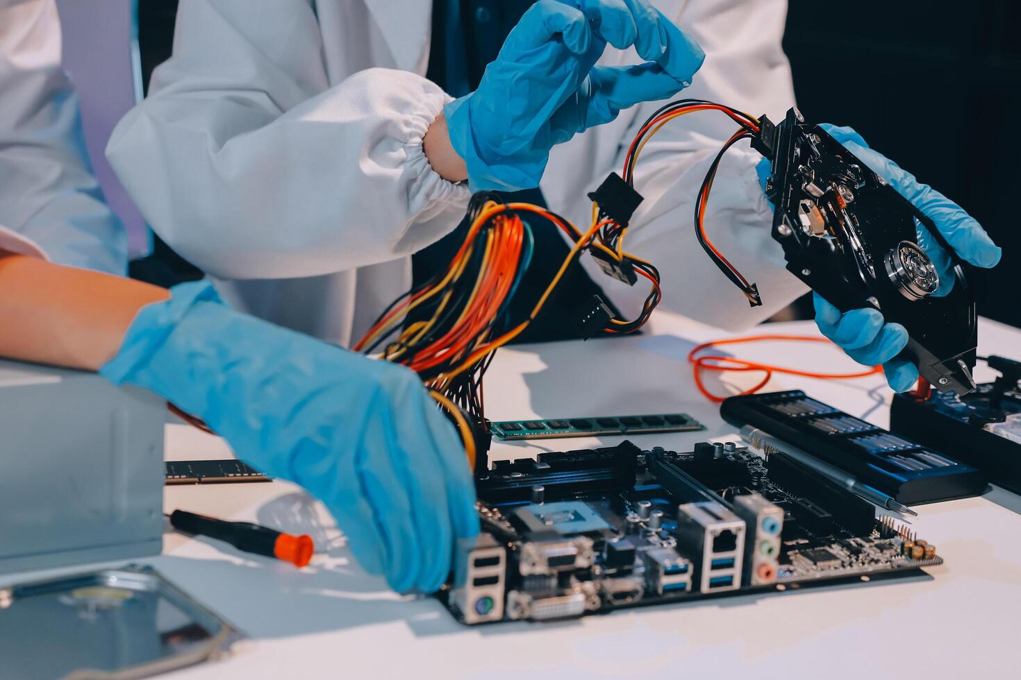 Electronics technician, electronic engineering electronic repair, electronics measuring and testing, repair and maintenance concepts. photo