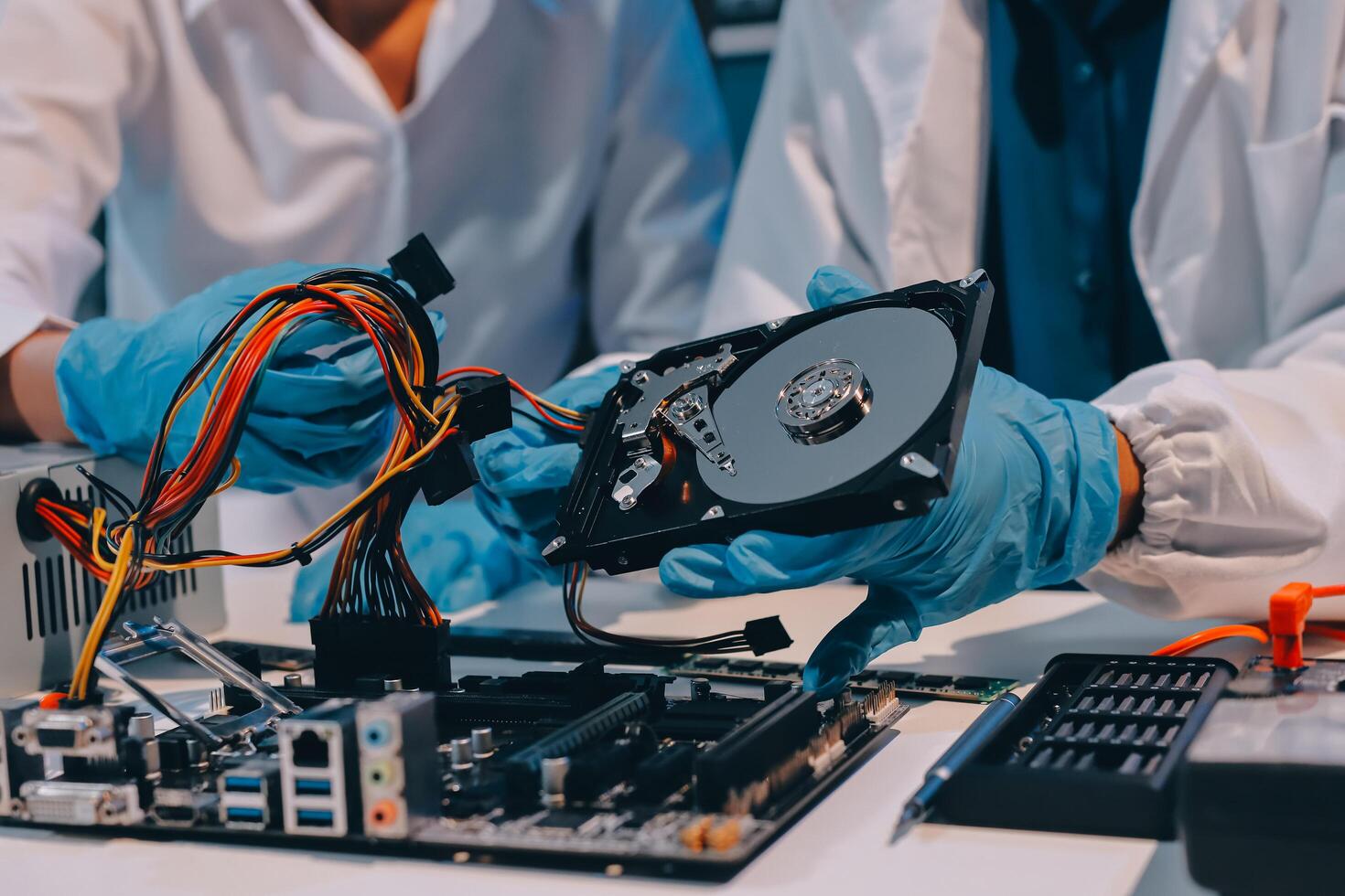 Electronics technician, electronic engineering electronic repair, electronics measuring and testing, repair and maintenance concepts. photo
