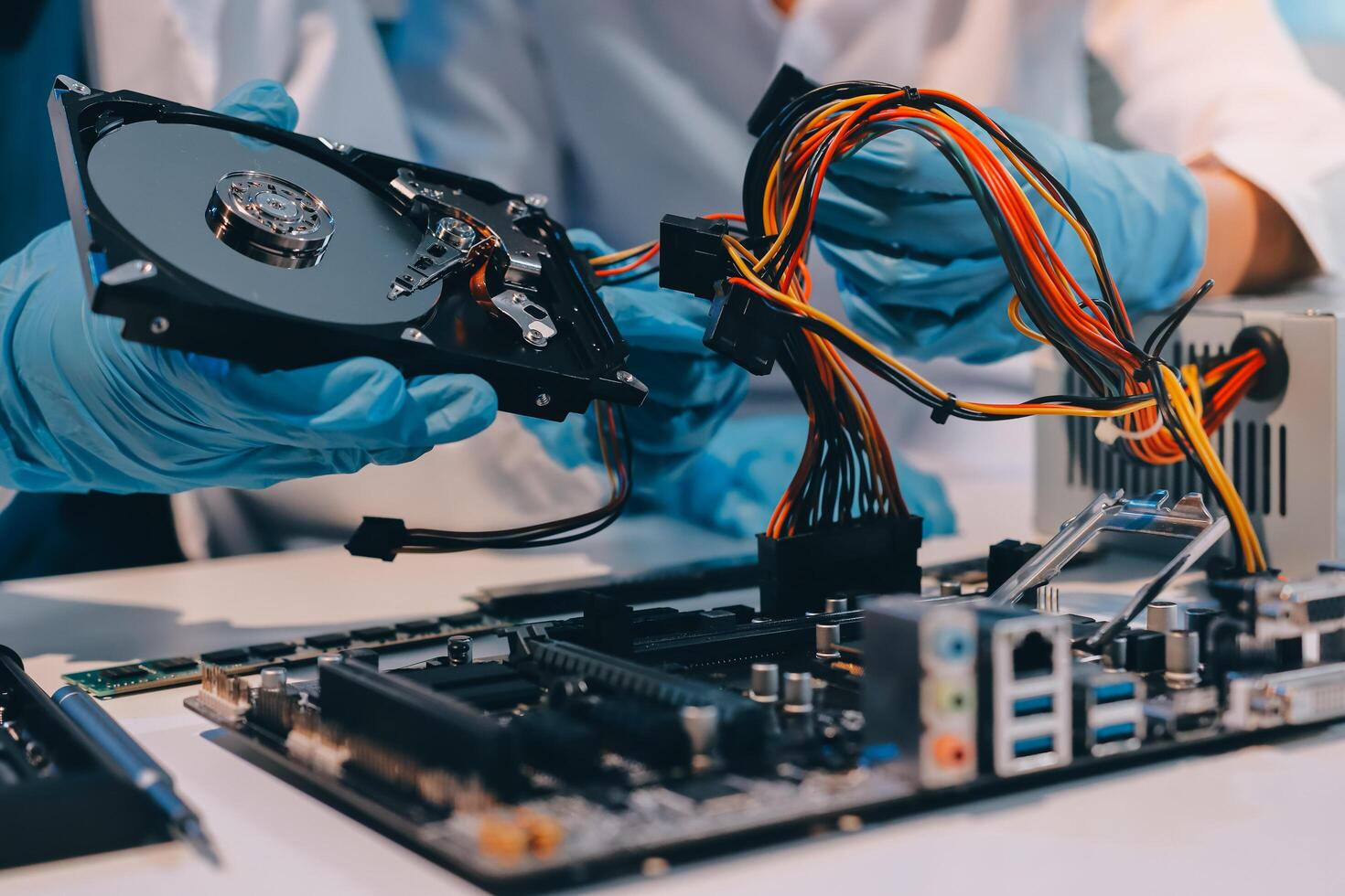 Electronics technician, electronic engineering electronic repair, electronics measuring and testing, repair and maintenance concepts. photo