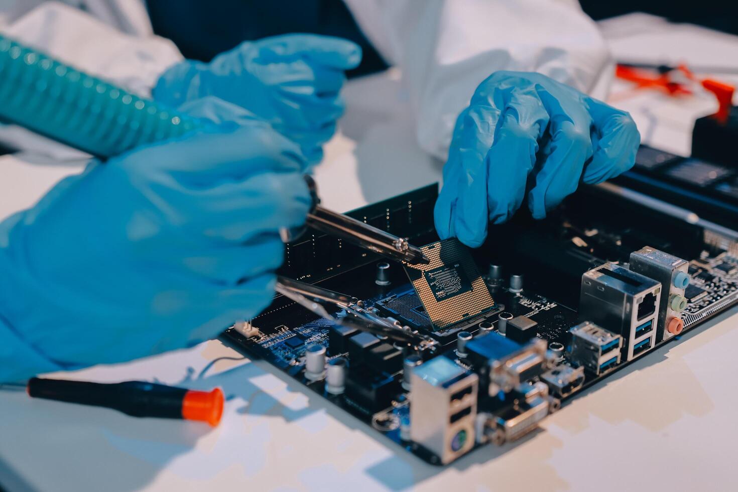 Electronics technician, electronic engineering electronic repair, electronics measuring and testing, repair and maintenance concepts. photo