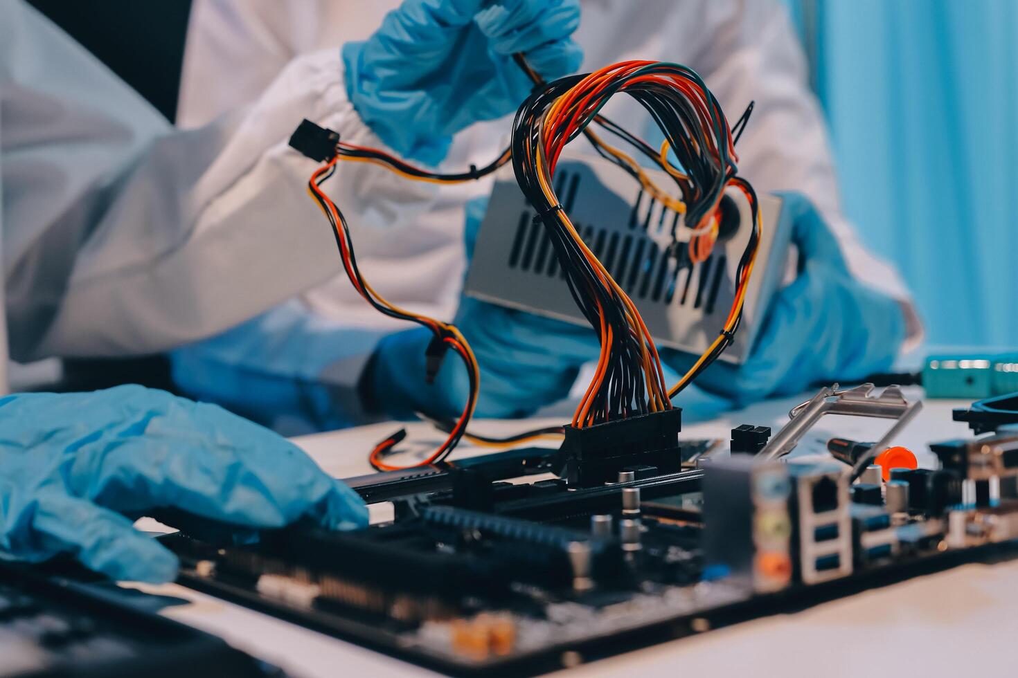 Electronics technician, electronic engineering electronic repair, electronics measuring and testing, repair and maintenance concepts. photo