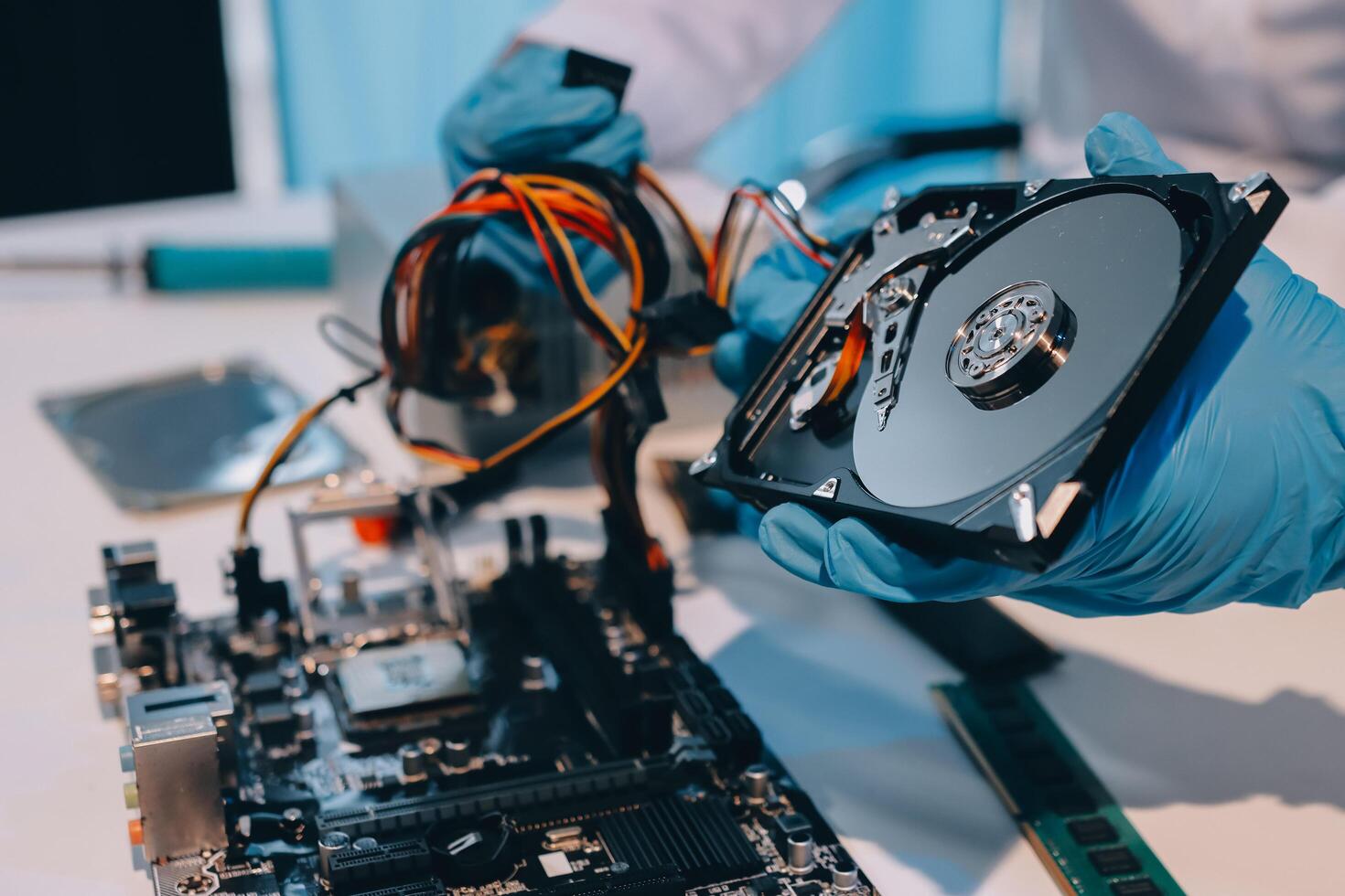 Electronics technician, electronic engineering electronic repair, electronics measuring and testing, repair and maintenance concepts. photo
