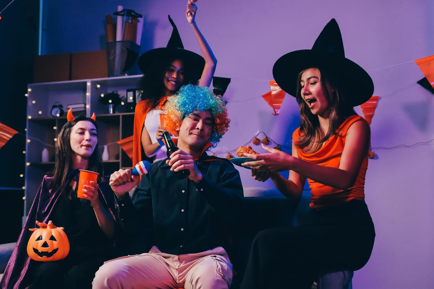 Joyful office Halloween party with coworkers in costumes, celebrating with drinks and laughter, fostering teamwork and festive spirit photo