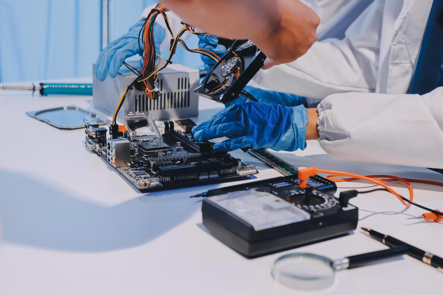 Electronics technician, electronic engineering electronic repair, electronics measuring and testing, repair and maintenance concepts. photo
