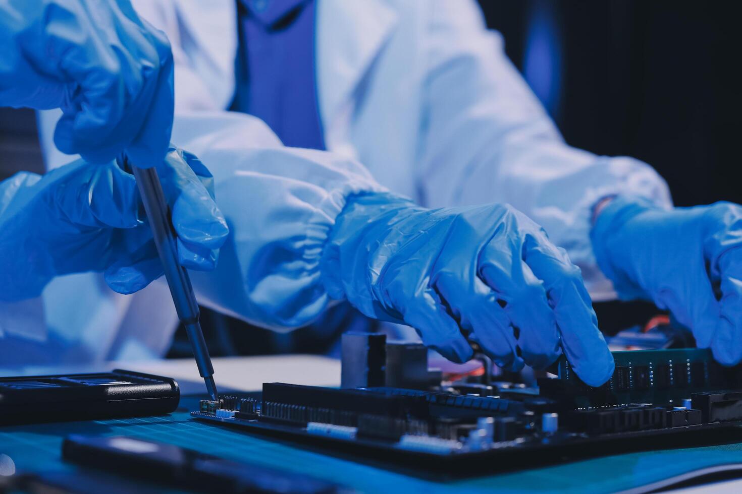 Electronics technician, electronic engineering electronic repair, electronics measuring and testing, repair and maintenance concepts. photo
