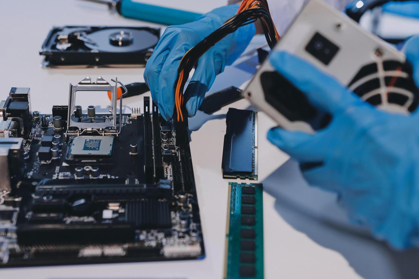 Electronics technician, electronic engineering electronic repair, electronics measuring and testing, repair and maintenance concepts. photo