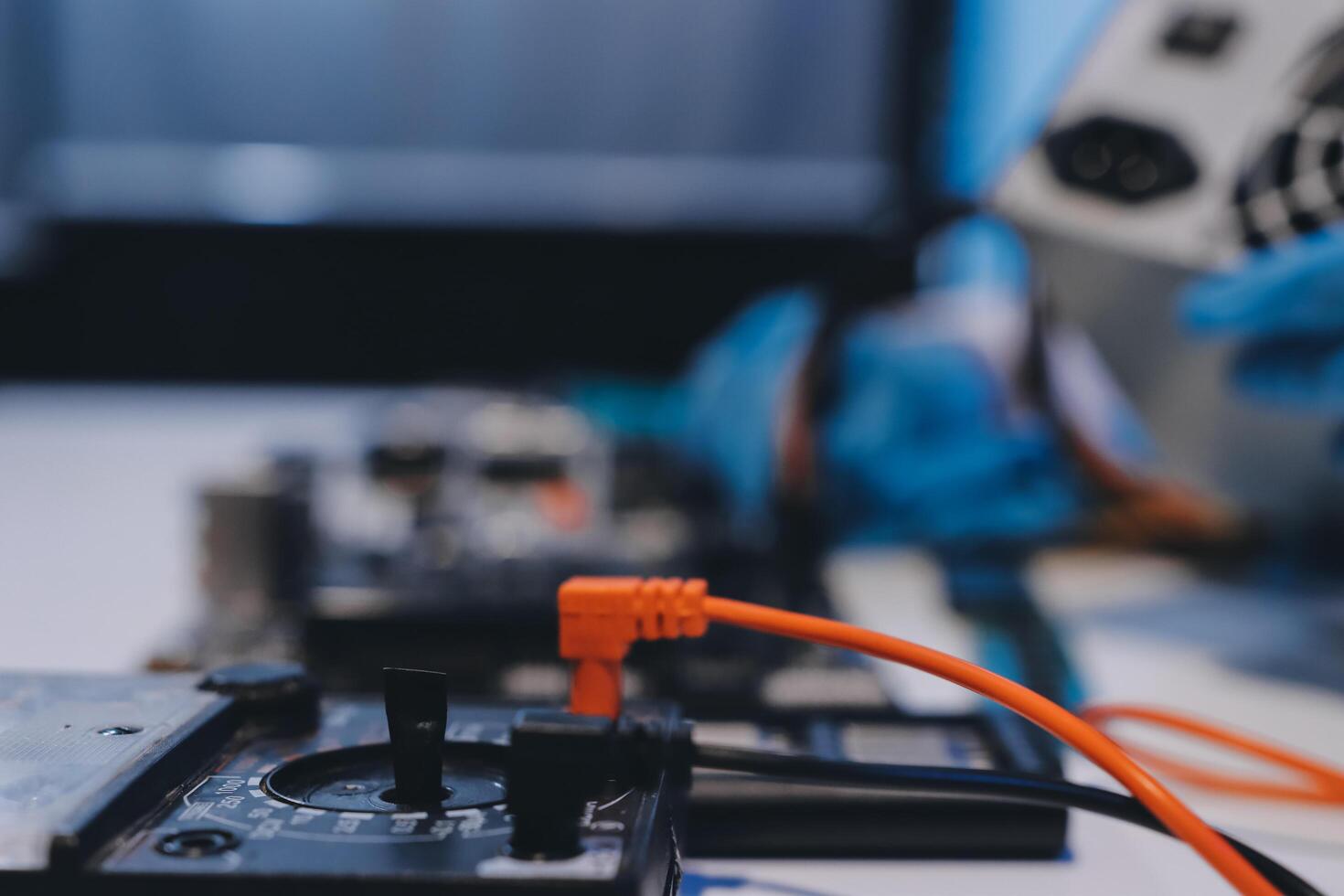 Electronics technician, electronic engineering electronic repair, electronics measuring and testing, repair and maintenance concepts. photo