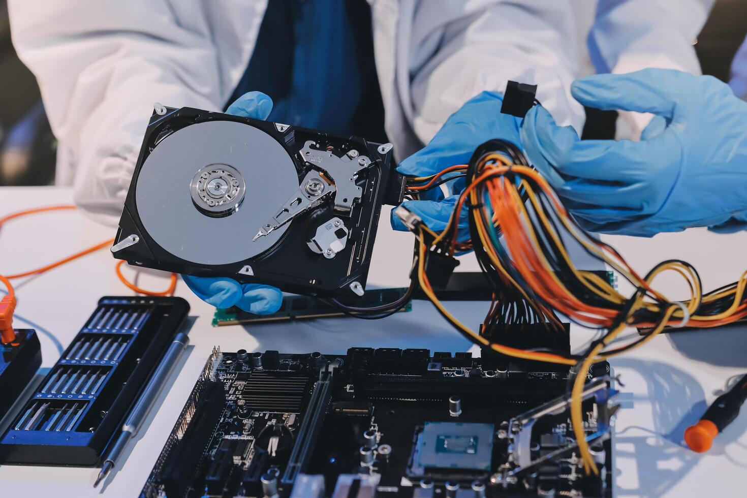 Electronics technician, electronic engineering electronic repair, electronics measuring and testing, repair and maintenance concepts. photo