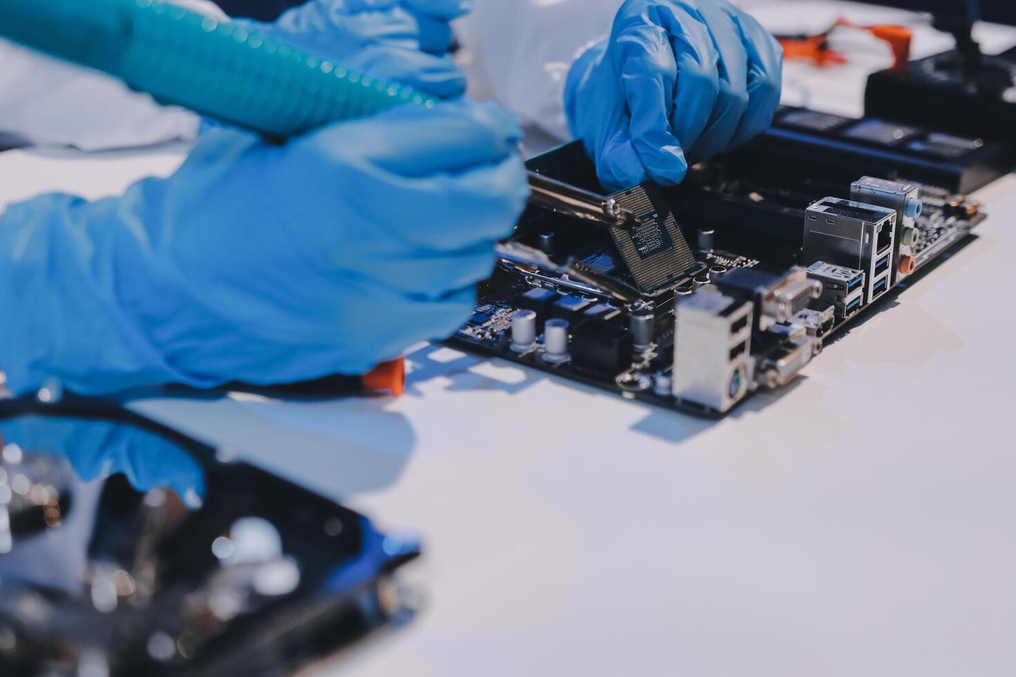Electronics technician, electronic engineering electronic repair, electronics measuring and testing, repair and maintenance concepts. photo