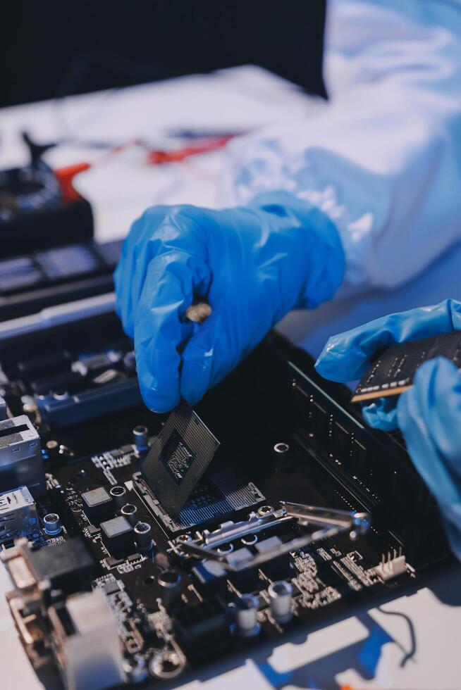 Electronics technician, electronic engineering electronic repair, electronics measuring and testing, repair and maintenance concepts. photo