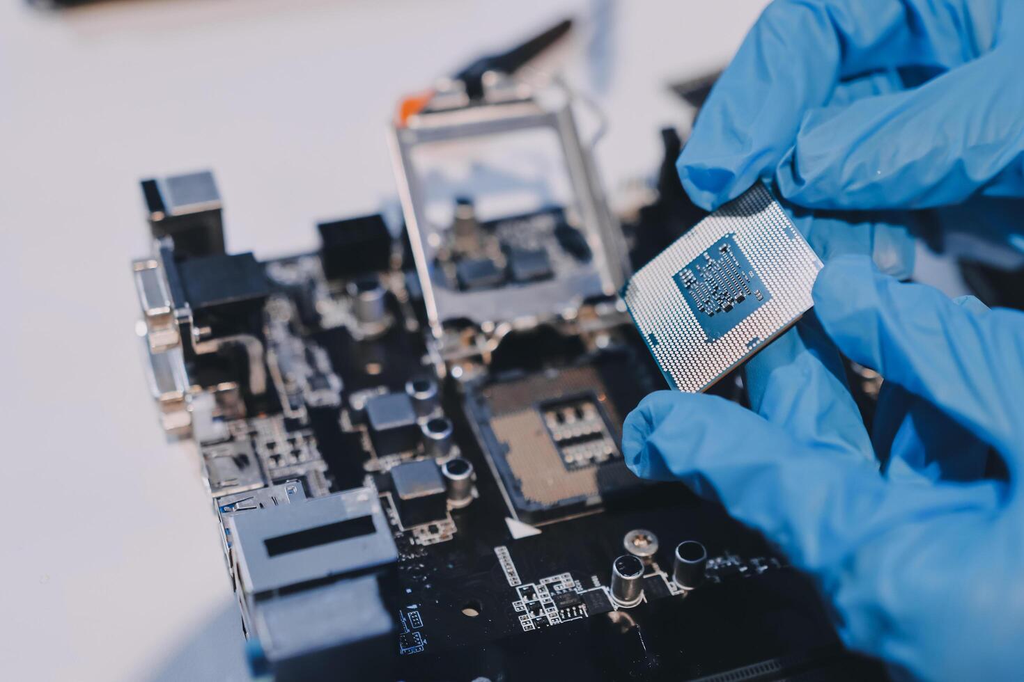 Electronics technician, electronic engineering electronic repair, electronics measuring and testing, repair and maintenance concepts. photo