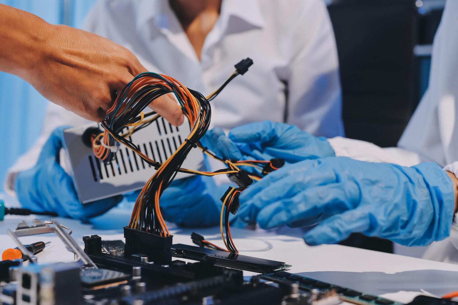 Electronics technician, electronic engineering electronic repair, electronics measuring and testing, repair and maintenance concepts. photo