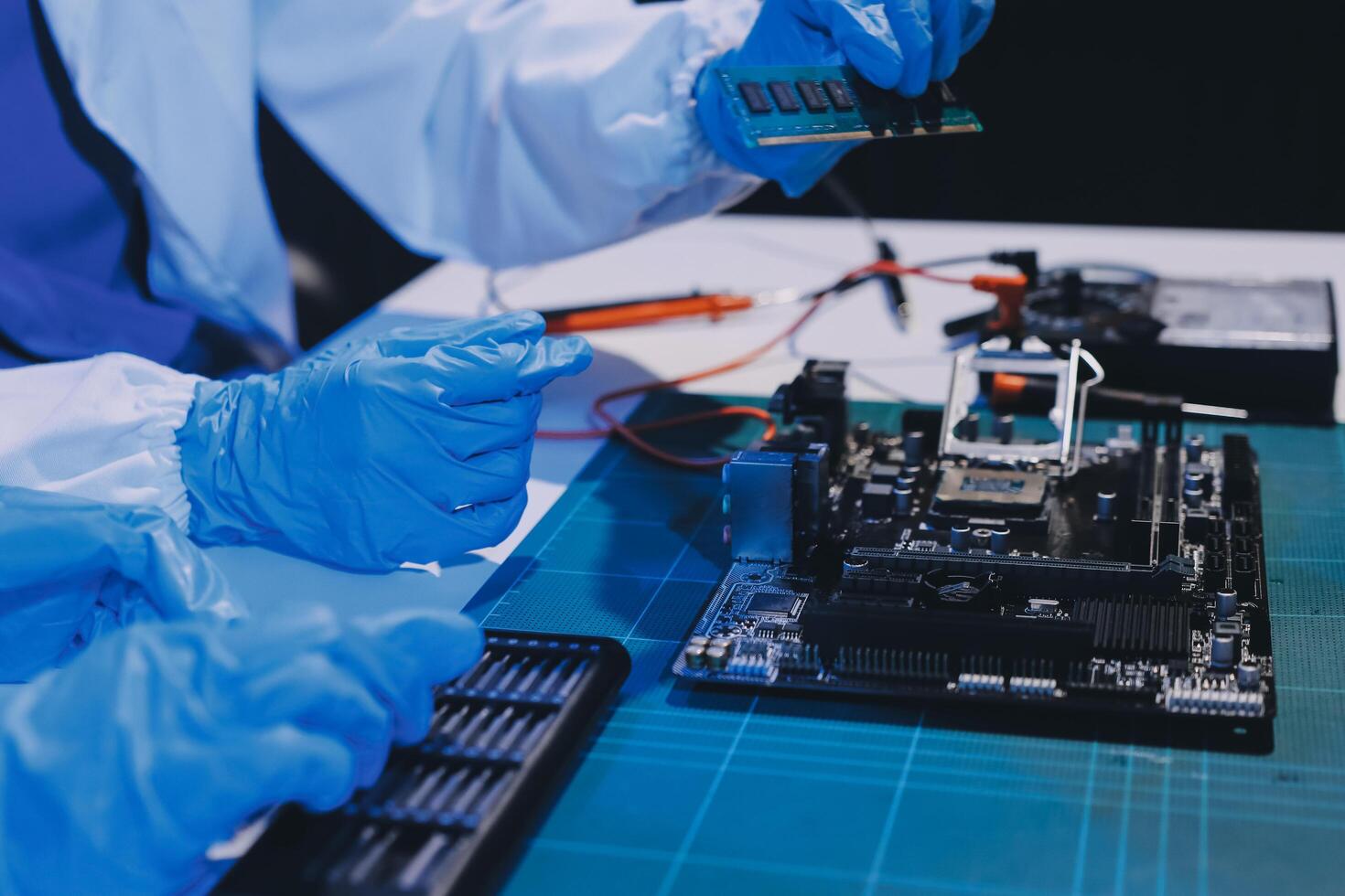Electronics technician, electronic engineering electronic repair, electronics measuring and testing, repair and maintenance concepts. photo