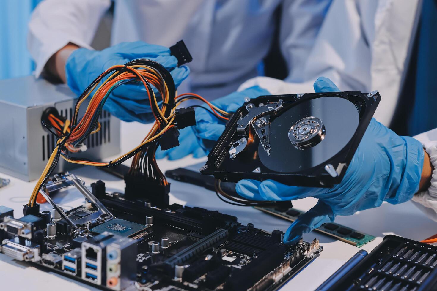 Electronics technician, electronic engineering electronic repair, electronics measuring and testing, repair and maintenance concepts. photo