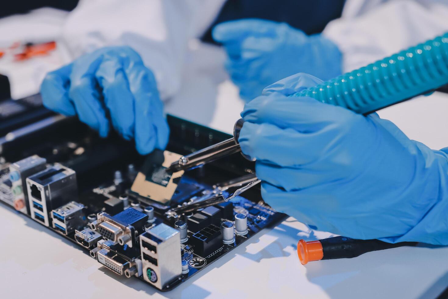 Electronics technician, electronic engineering electronic repair, electronics measuring and testing, repair and maintenance concepts. photo