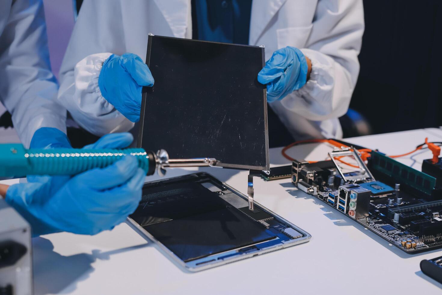 Electronics technician, electronic engineering electronic repair, electronics measuring and testing, repair and maintenance concepts. photo