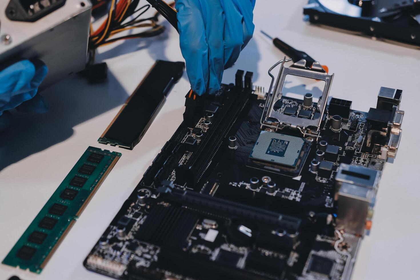 Electronics technician, electronic engineering electronic repair, electronics measuring and testing, repair and maintenance concepts. photo
