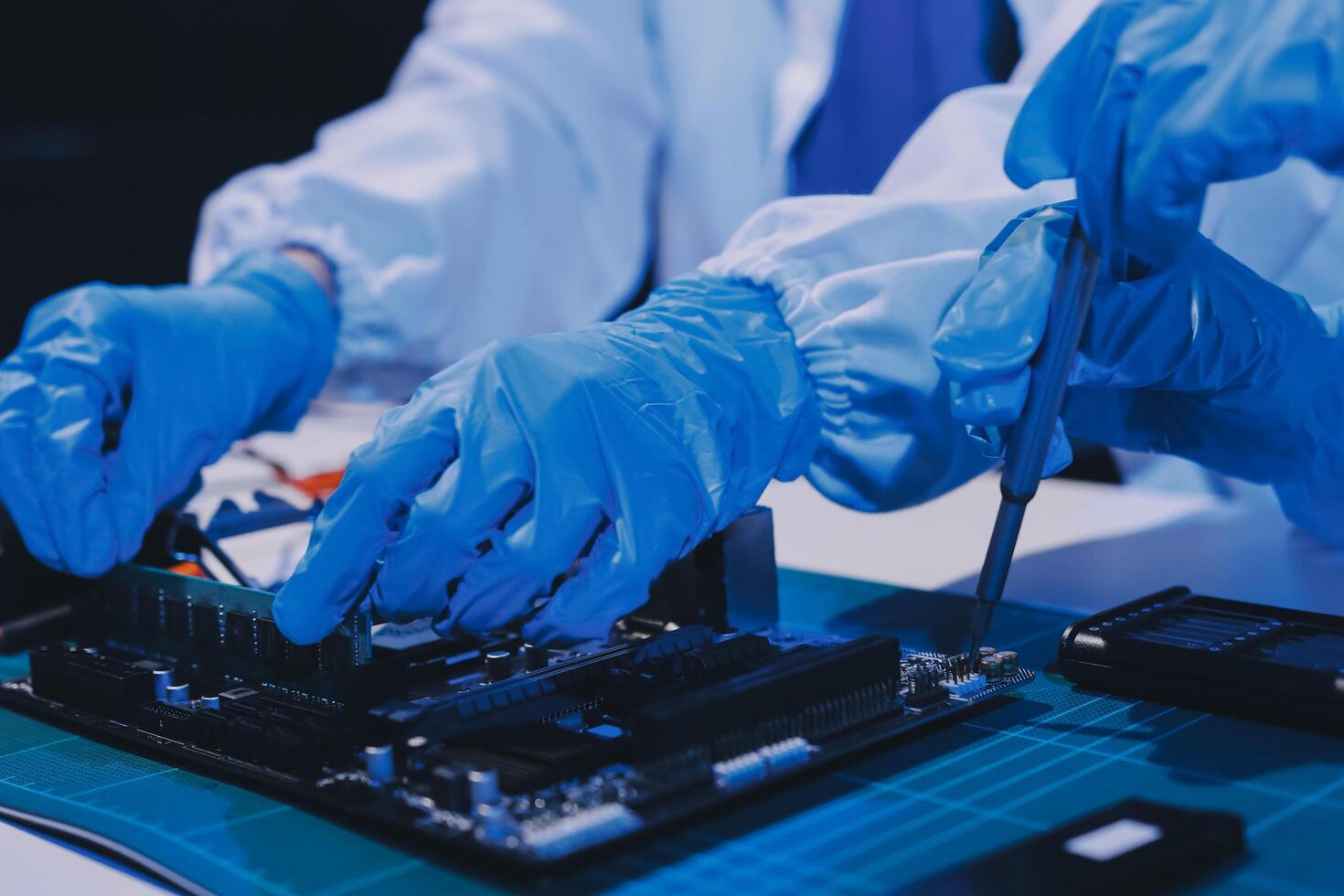 Electronics technician, electronic engineering electronic repair, electronics measuring and testing, repair and maintenance concepts. photo