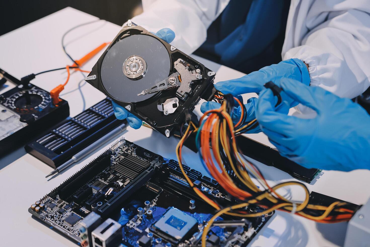 Electronics technician, electronic engineering electronic repair, electronics measuring and testing, repair and maintenance concepts. photo