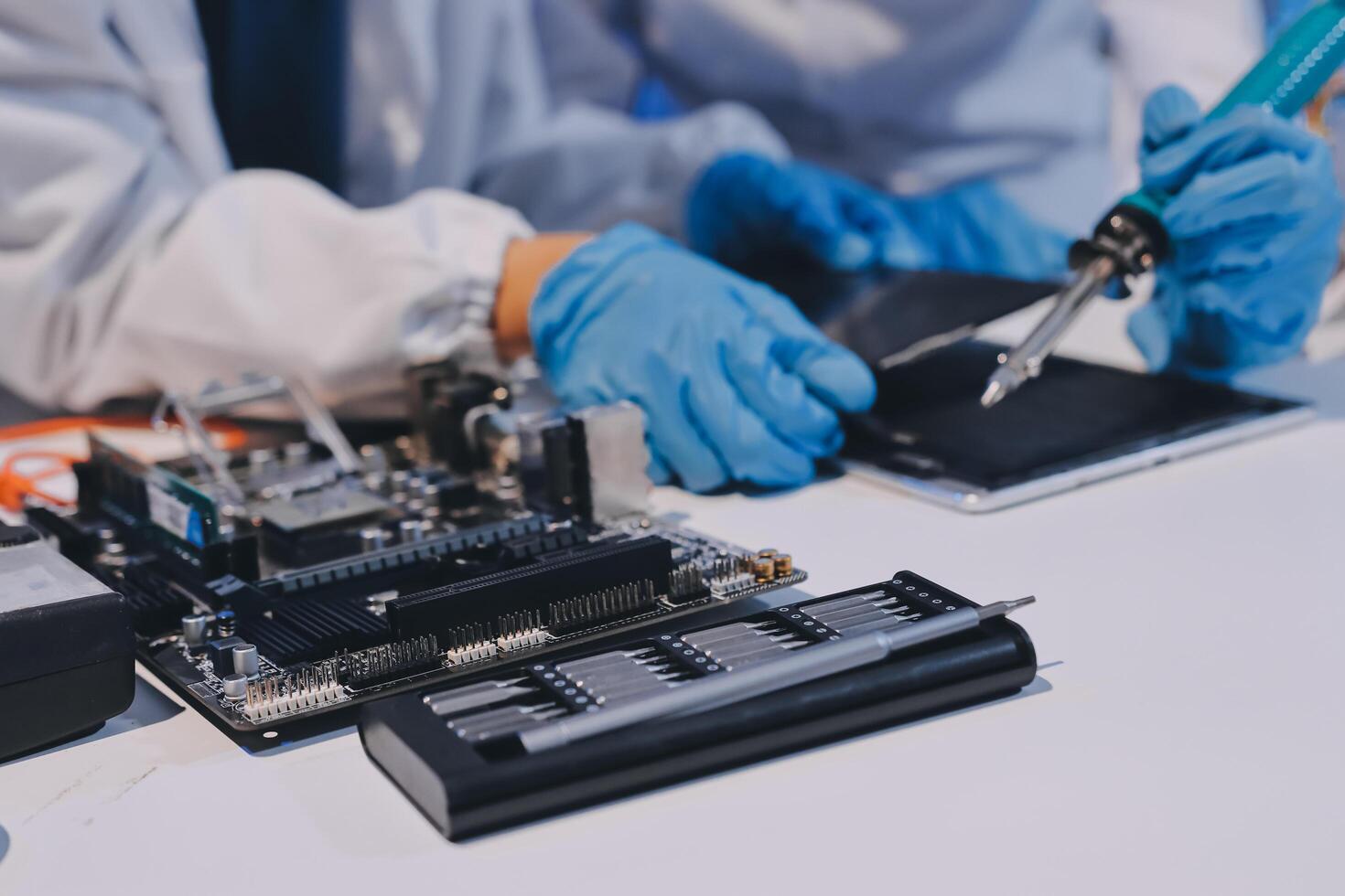 Electronics technician, electronic engineering electronic repair, electronics measuring and testing, repair and maintenance concepts. photo