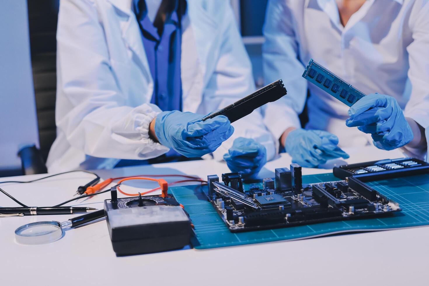 Electronics technician, electronic engineering electronic repair, electronics measuring and testing, repair and maintenance concepts. photo