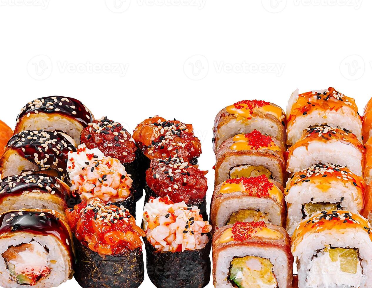 Large set of various sushi and rolls is lying on a white background photo