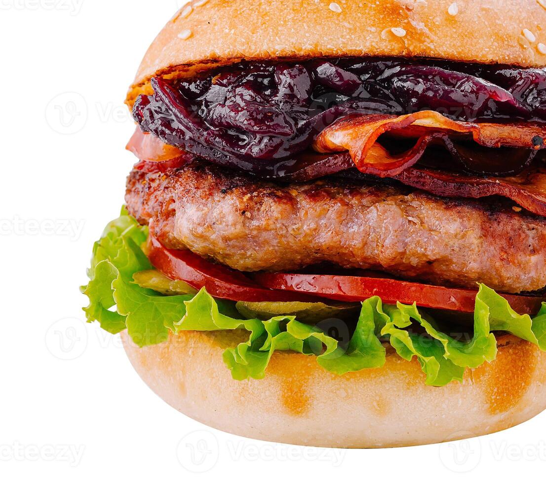 Delicious burger with beef, bacon and caramelized onion on white background photo