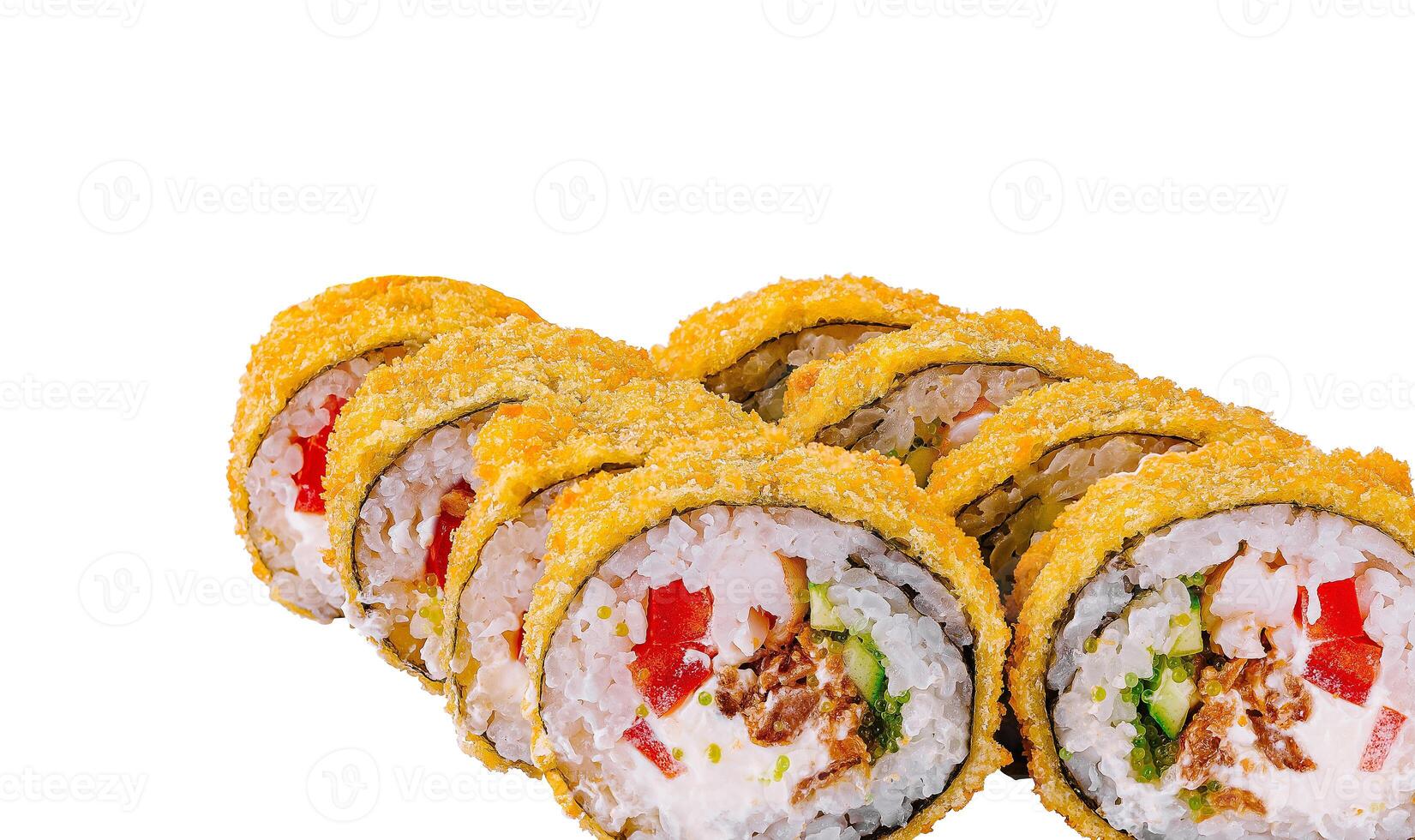 Tempura sushi rolls showing filling on white background photo