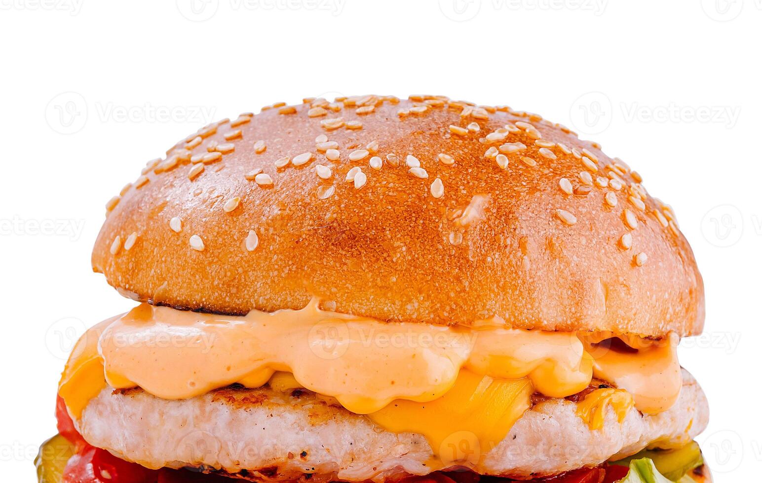 Juicy burger with melted cheese and sauce is waiting to be eaten photo